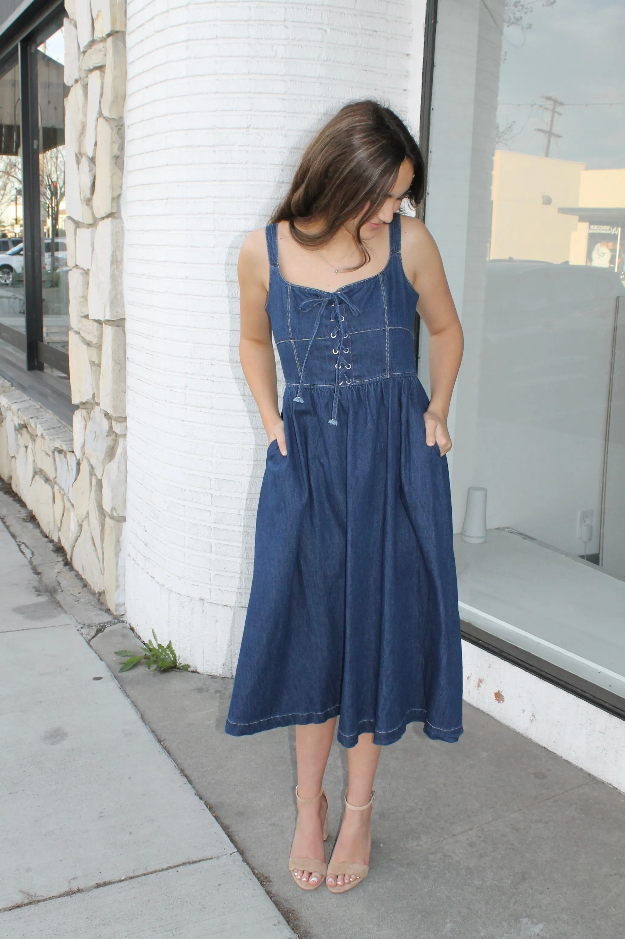 Denim Lace-Up Midi Dress