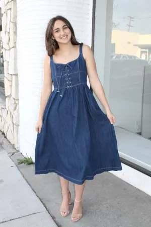 Denim Lace-Up Midi Dress