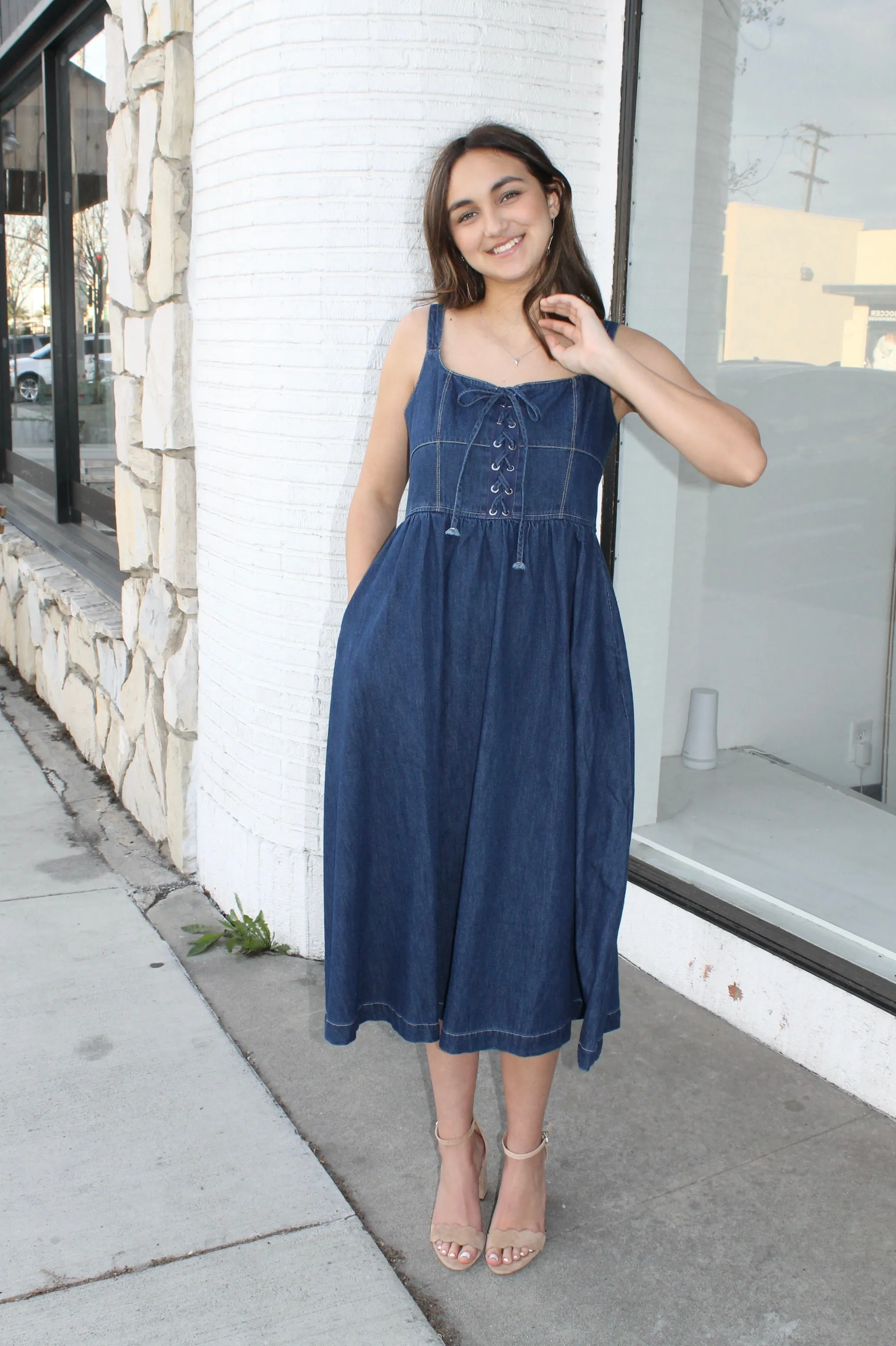 Denim Lace-Up Midi Dress