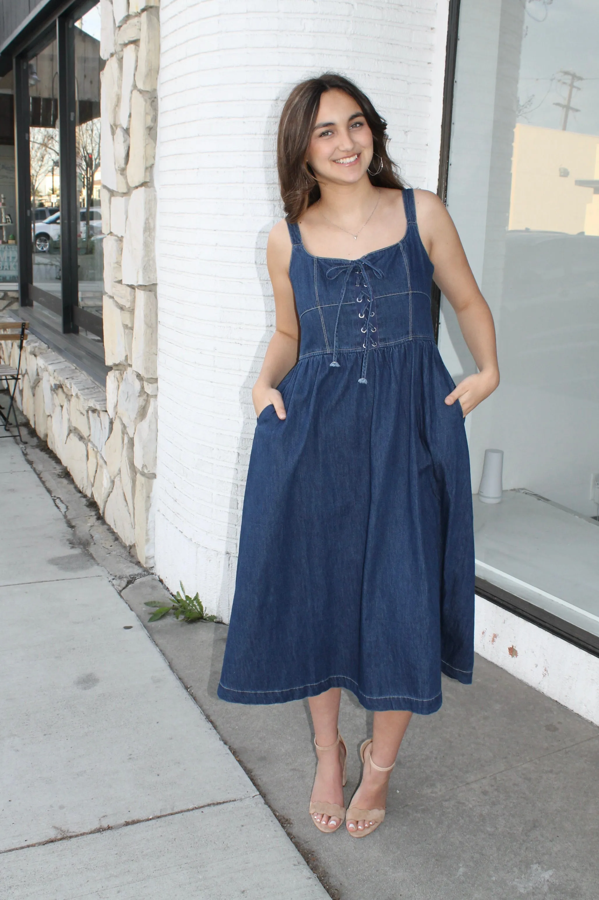 Denim Lace-Up Midi Dress