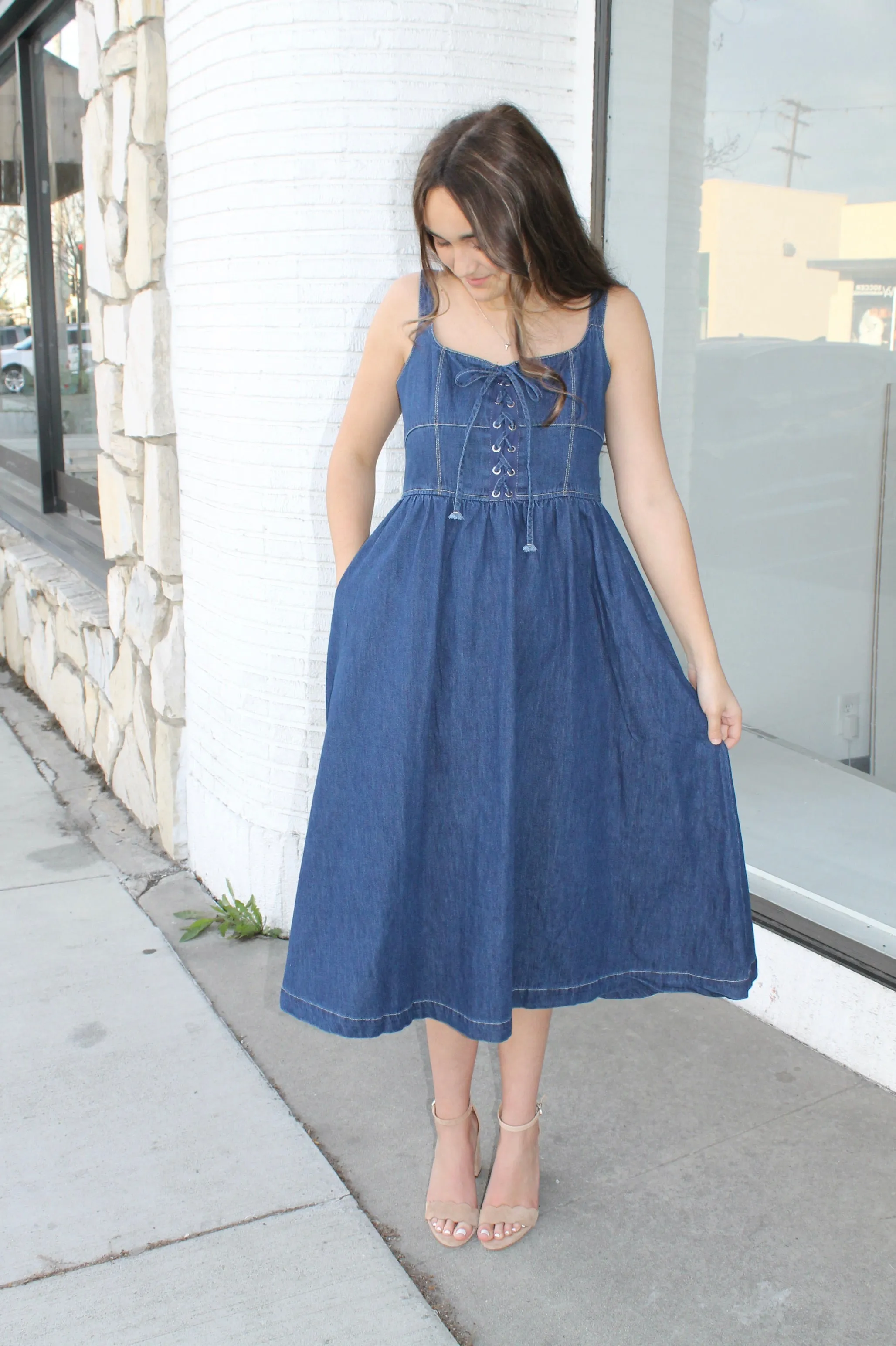 Denim Lace-Up Midi Dress