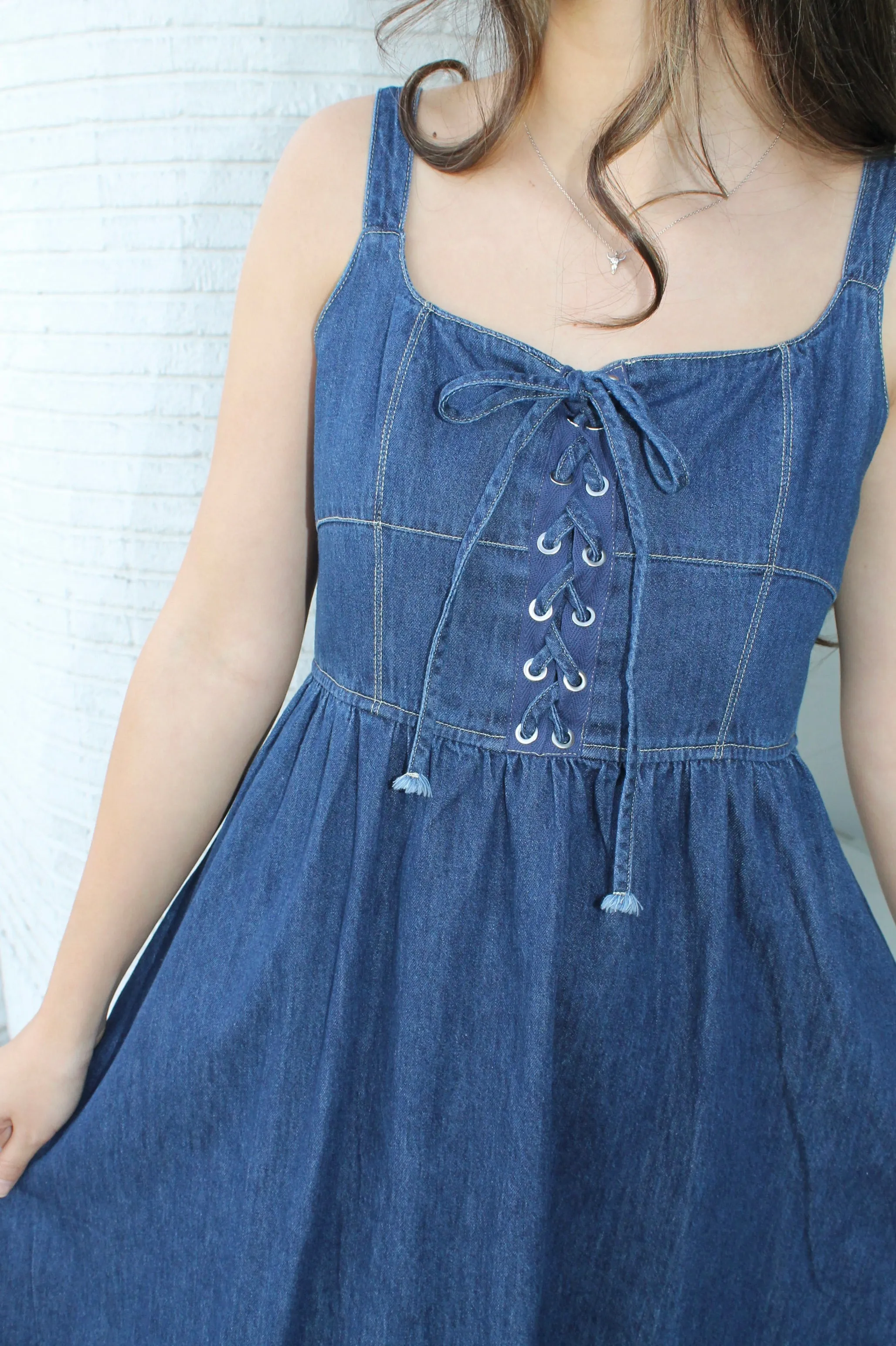 Denim Lace-Up Midi Dress