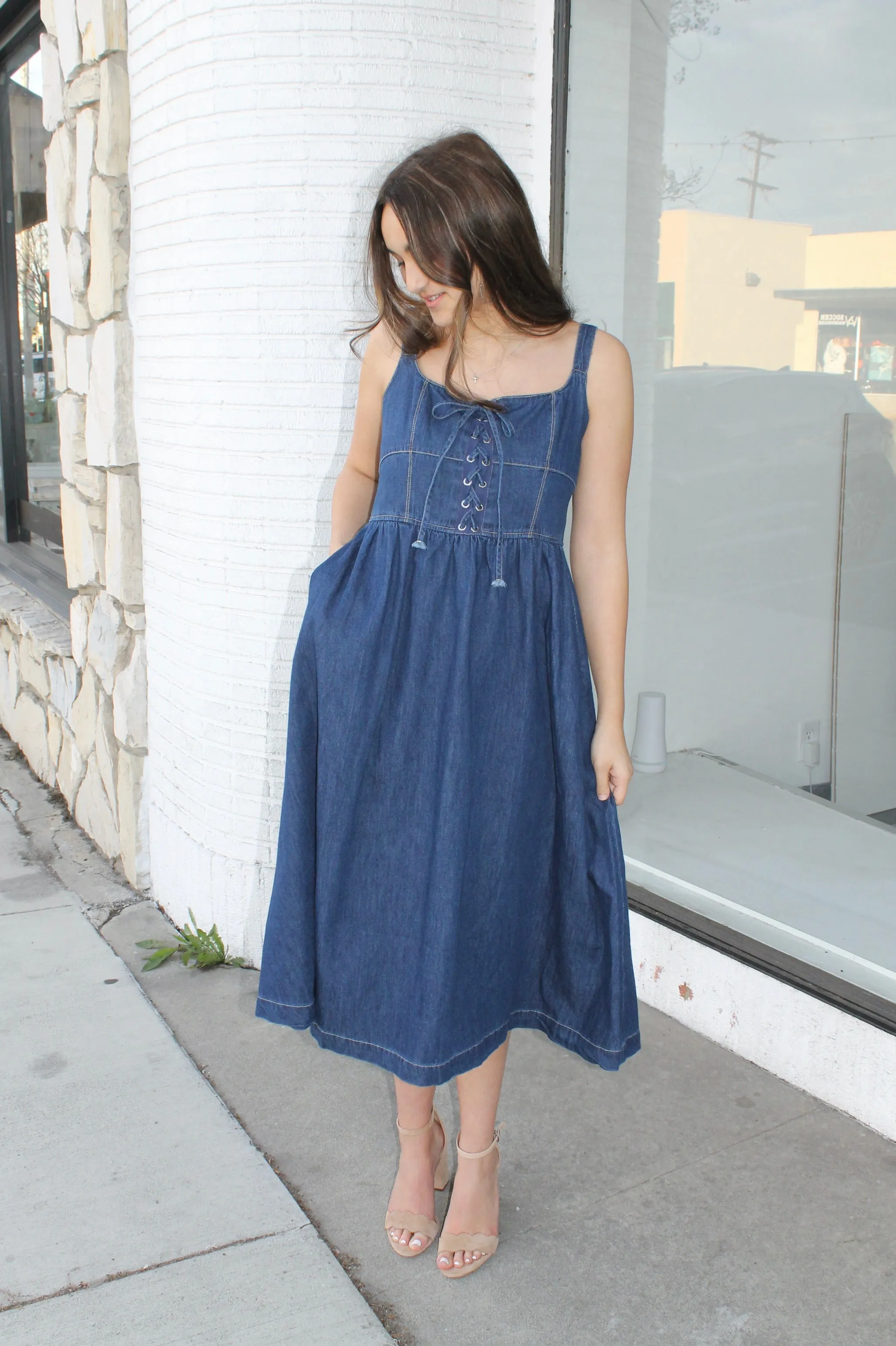 Denim Lace-Up Midi Dress