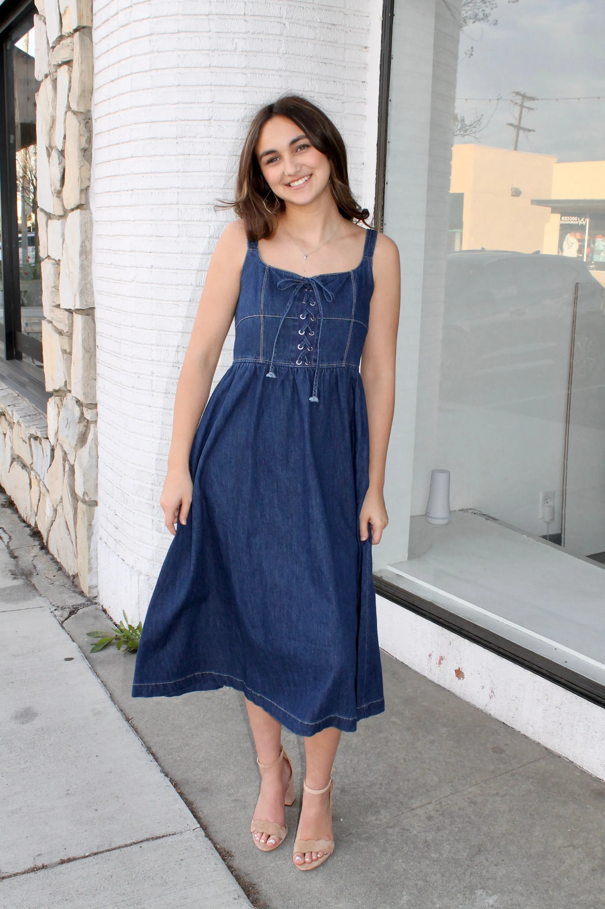 Denim Lace-Up Midi Dress