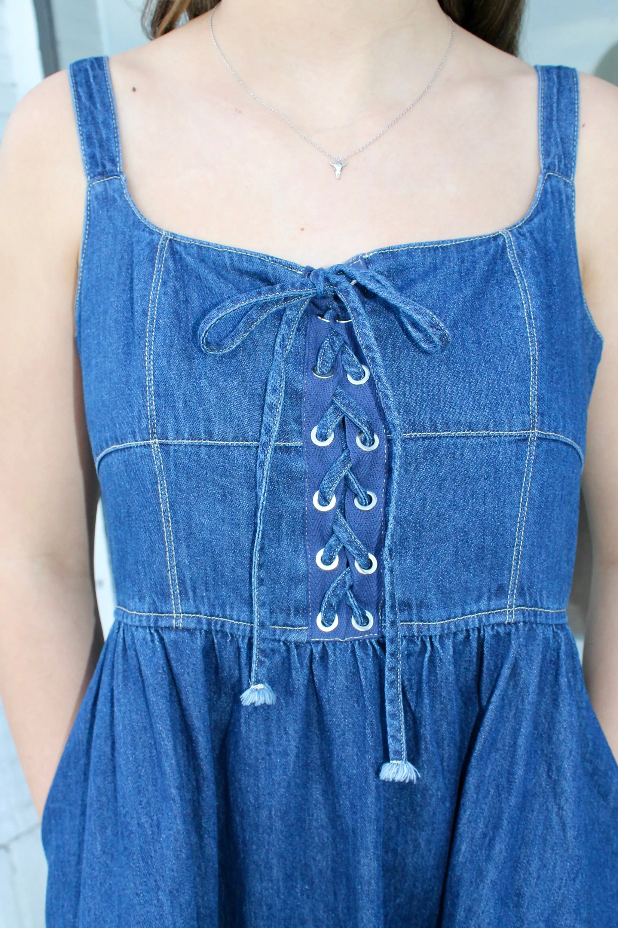 Denim Lace-Up Midi Dress
