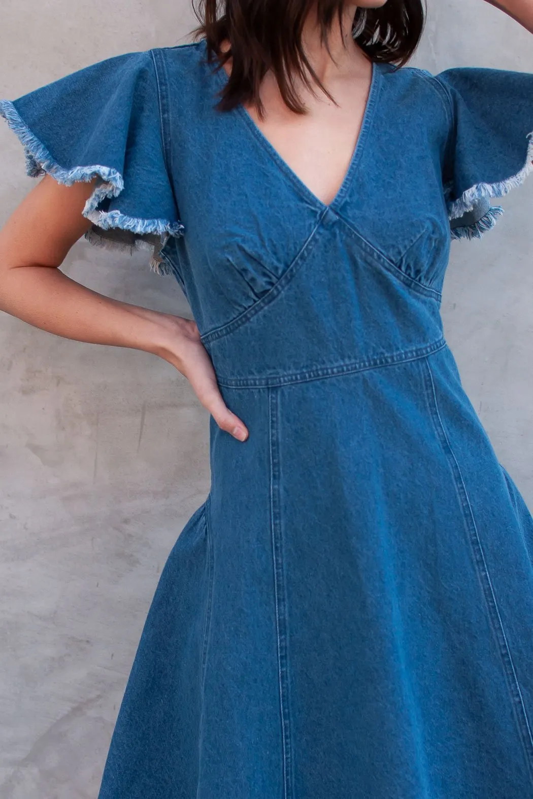 Dolo Denim Flutter Sleeve Dress