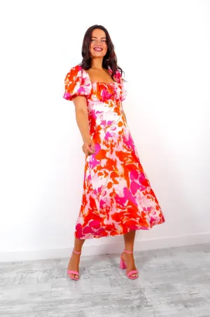 Don't Call It Splits - Pink Orange Floral Printed Midi Dress