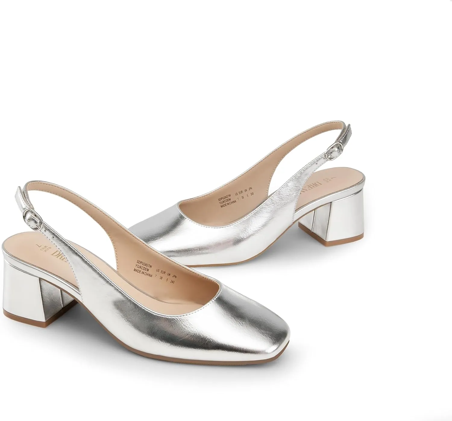 DREAM PAIRS Women's Low Chunky Heels Slingback Square Toe Block Dress Shoes Closed Toe Comfortable Wedding Work Pumps
