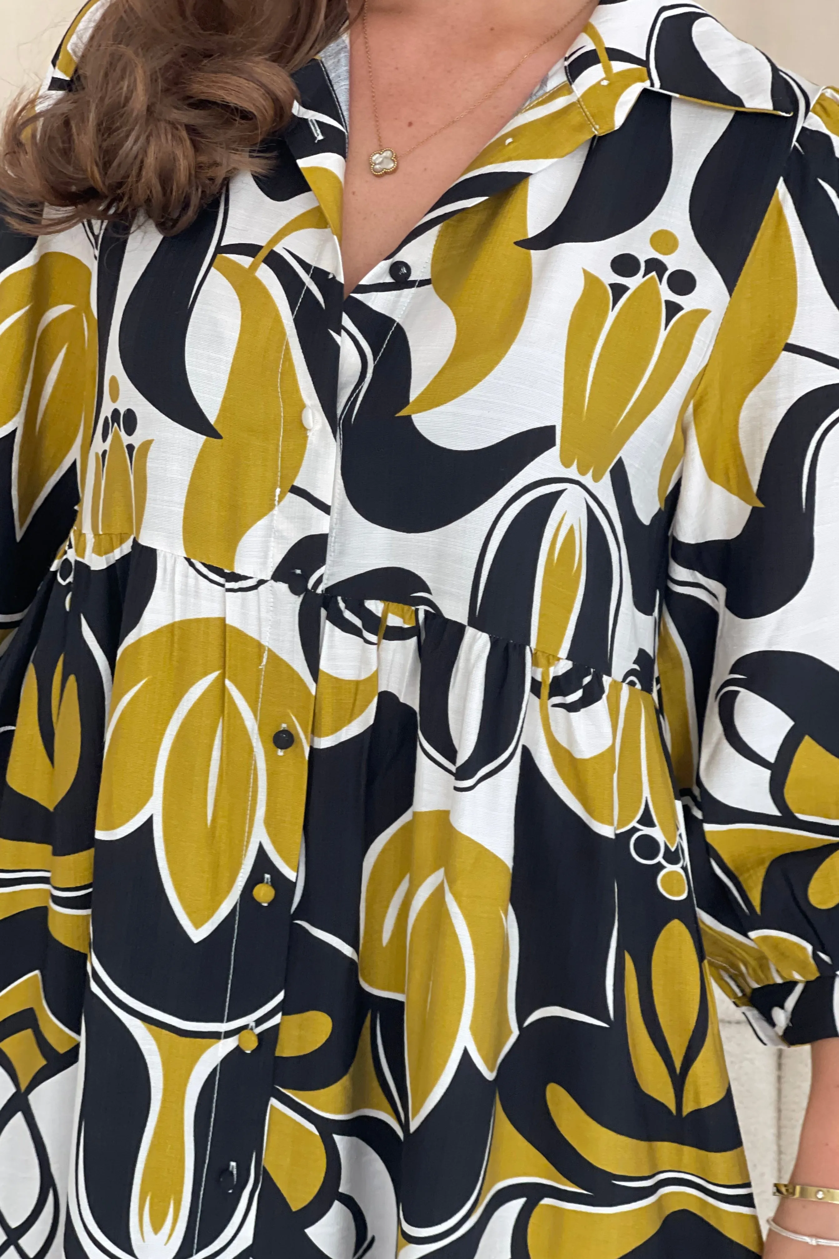 Emery 3/4 Sleeve Smock Maxi Shirt Dress Yellow