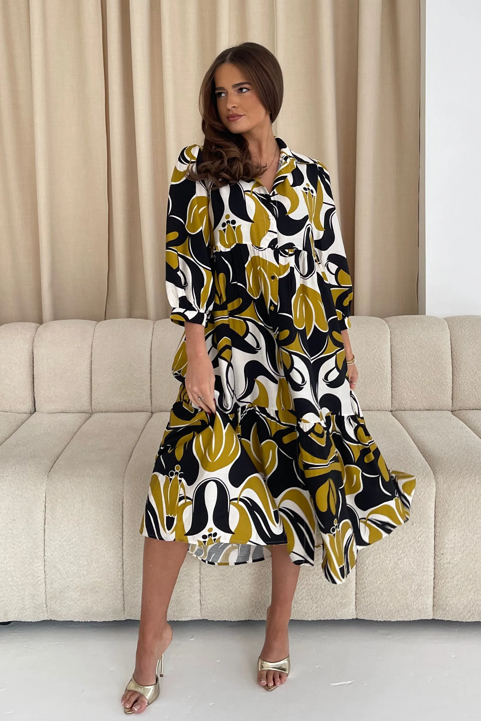 Emery 3/4 Sleeve Smock Maxi Shirt Dress Yellow