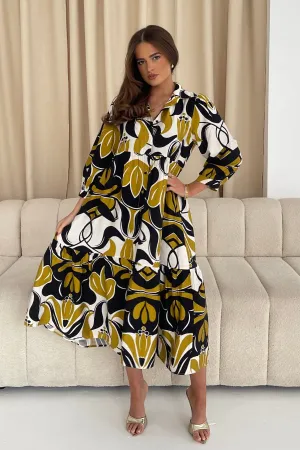 Emery 3/4 Sleeve Smock Maxi Shirt Dress Yellow