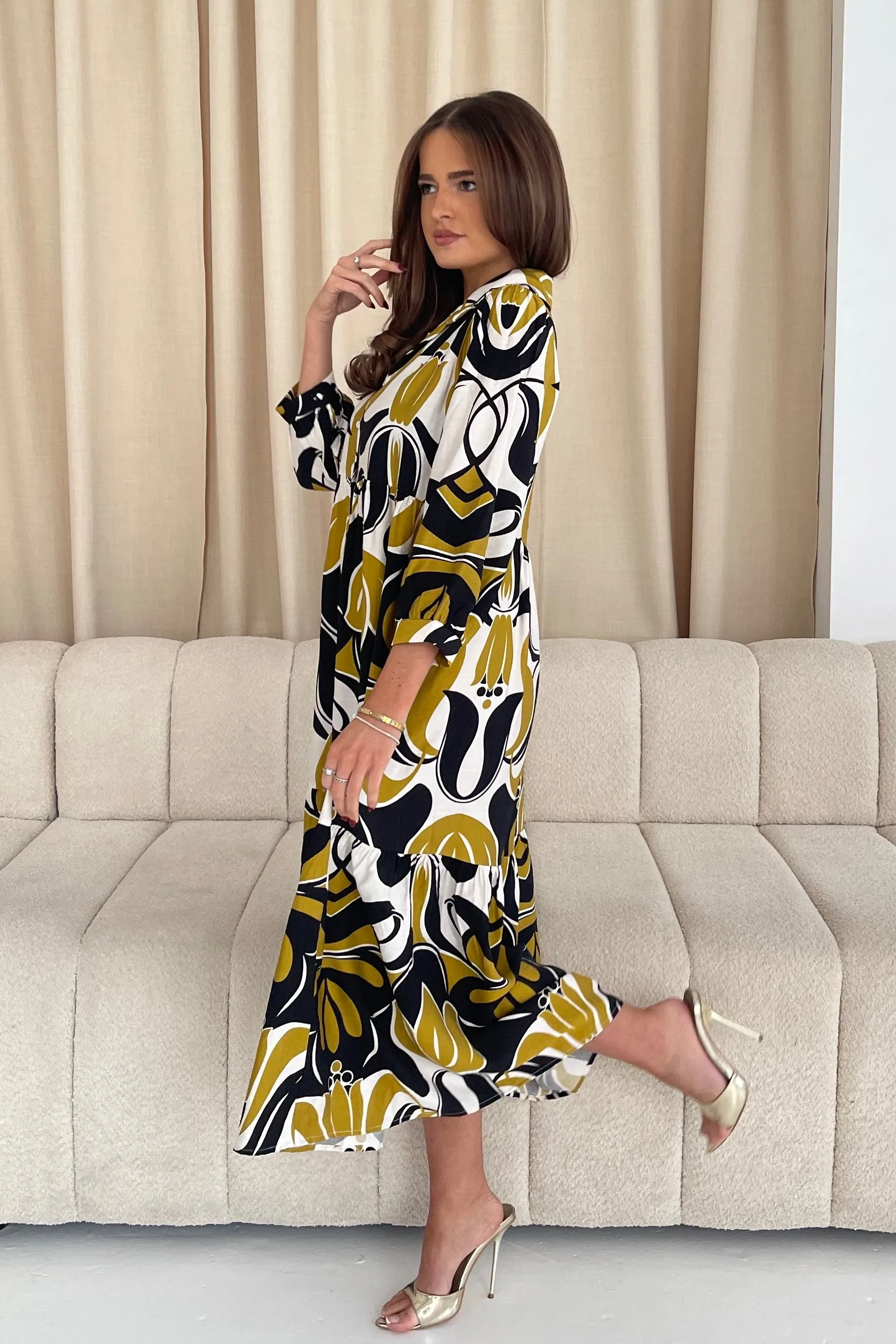 Emery 3/4 Sleeve Smock Maxi Shirt Dress Yellow
