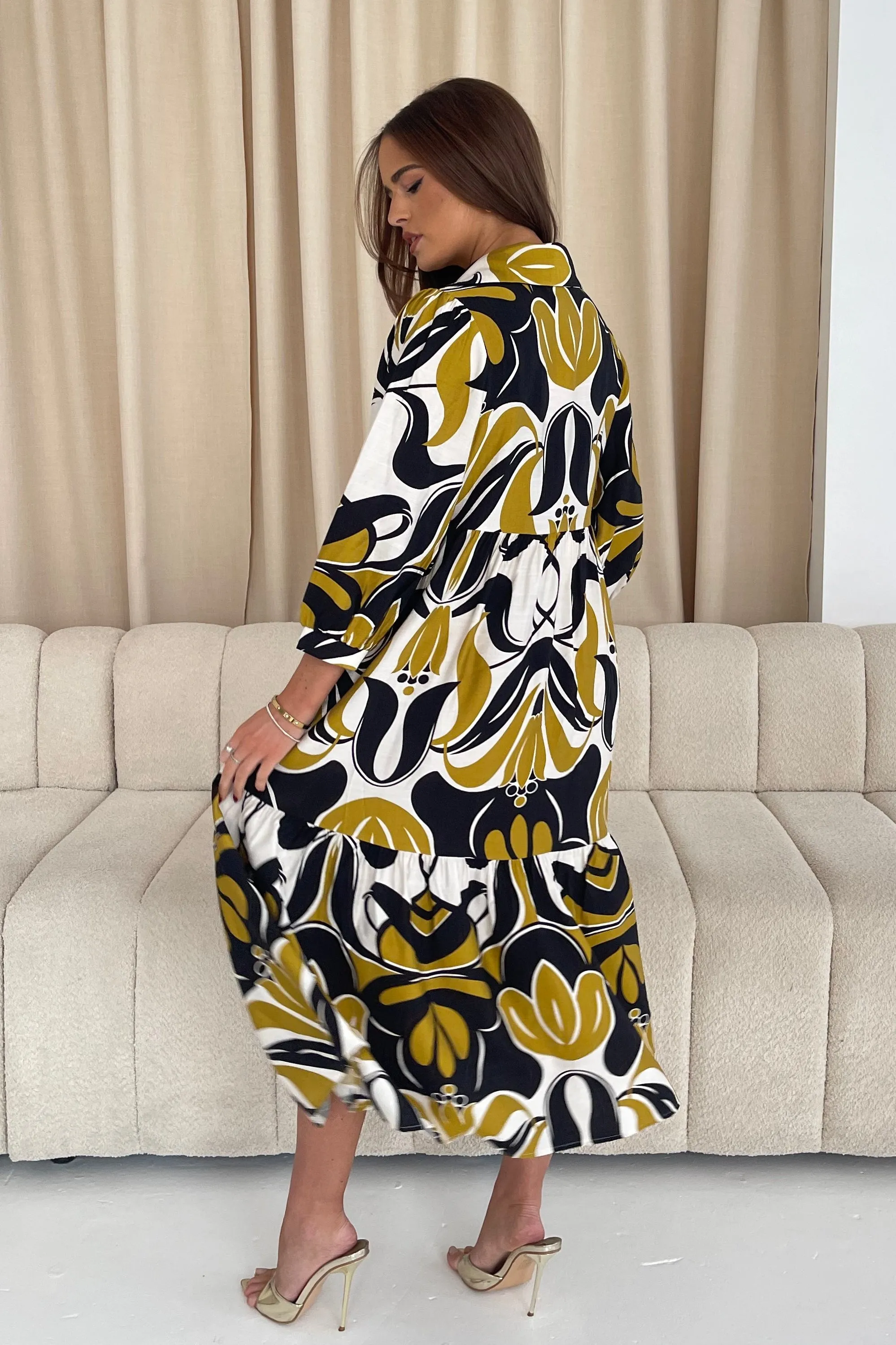 Emery 3/4 Sleeve Smock Maxi Shirt Dress Yellow