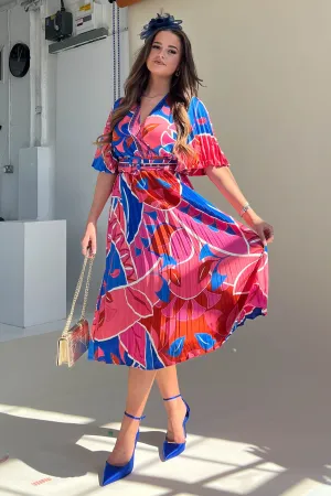 Felicia Pink Abstract Print Pleated Midi Dress