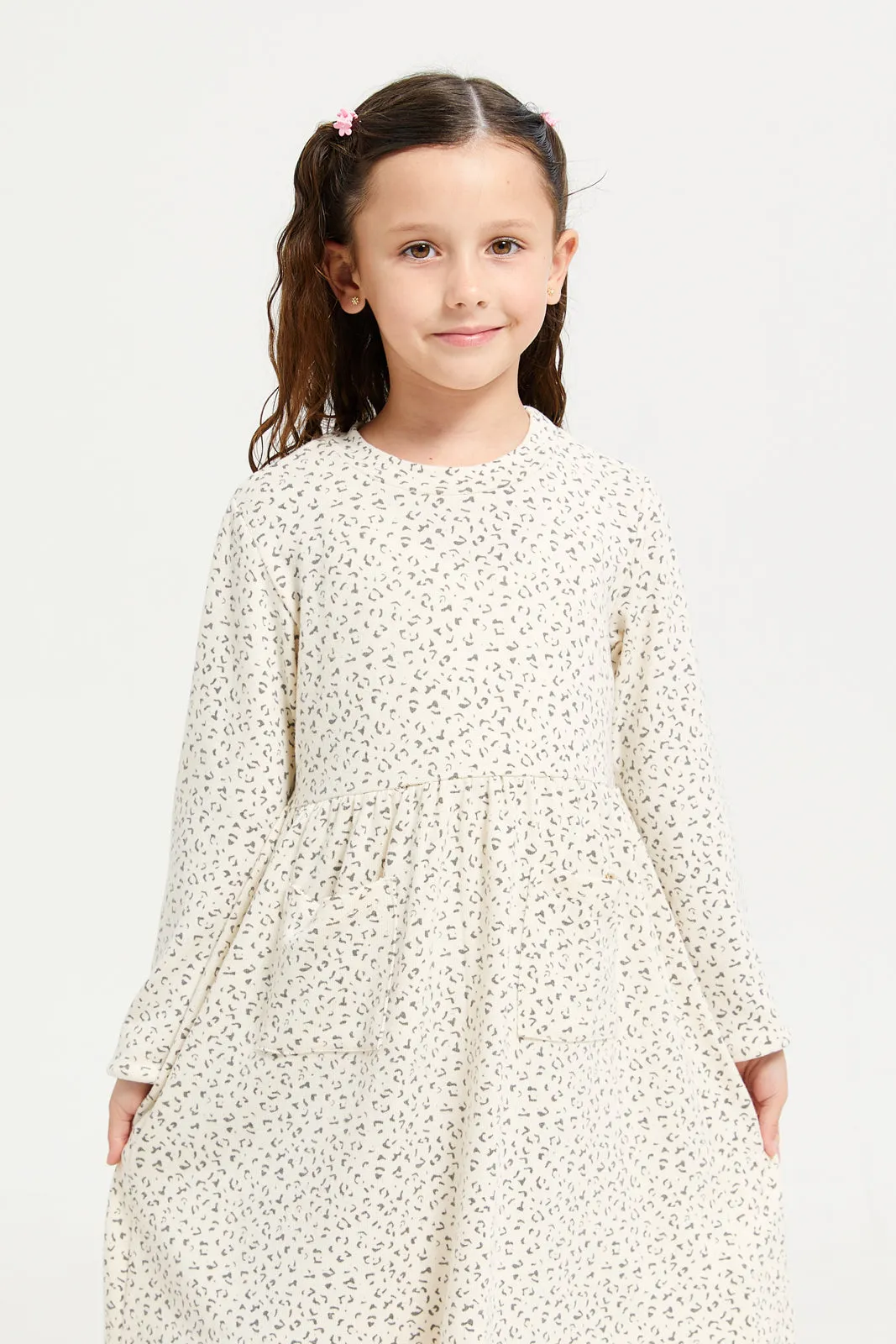 Girls Beige Printed Dress