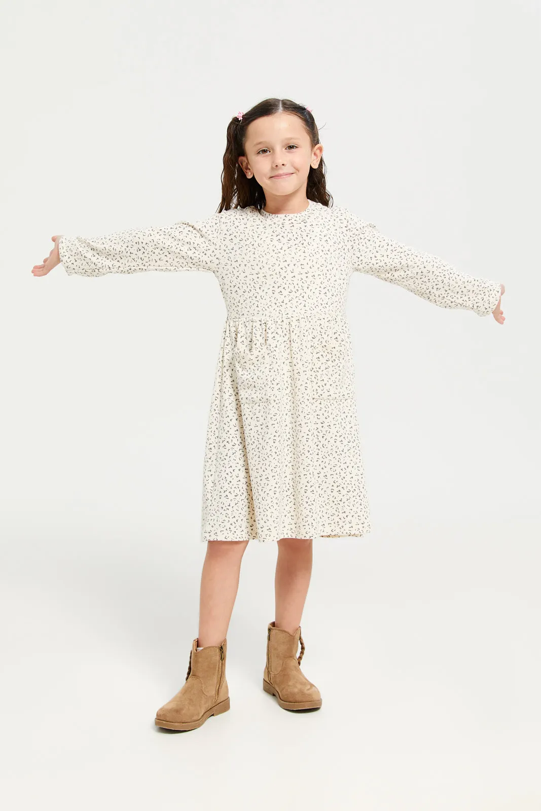 Girls Beige Printed Dress