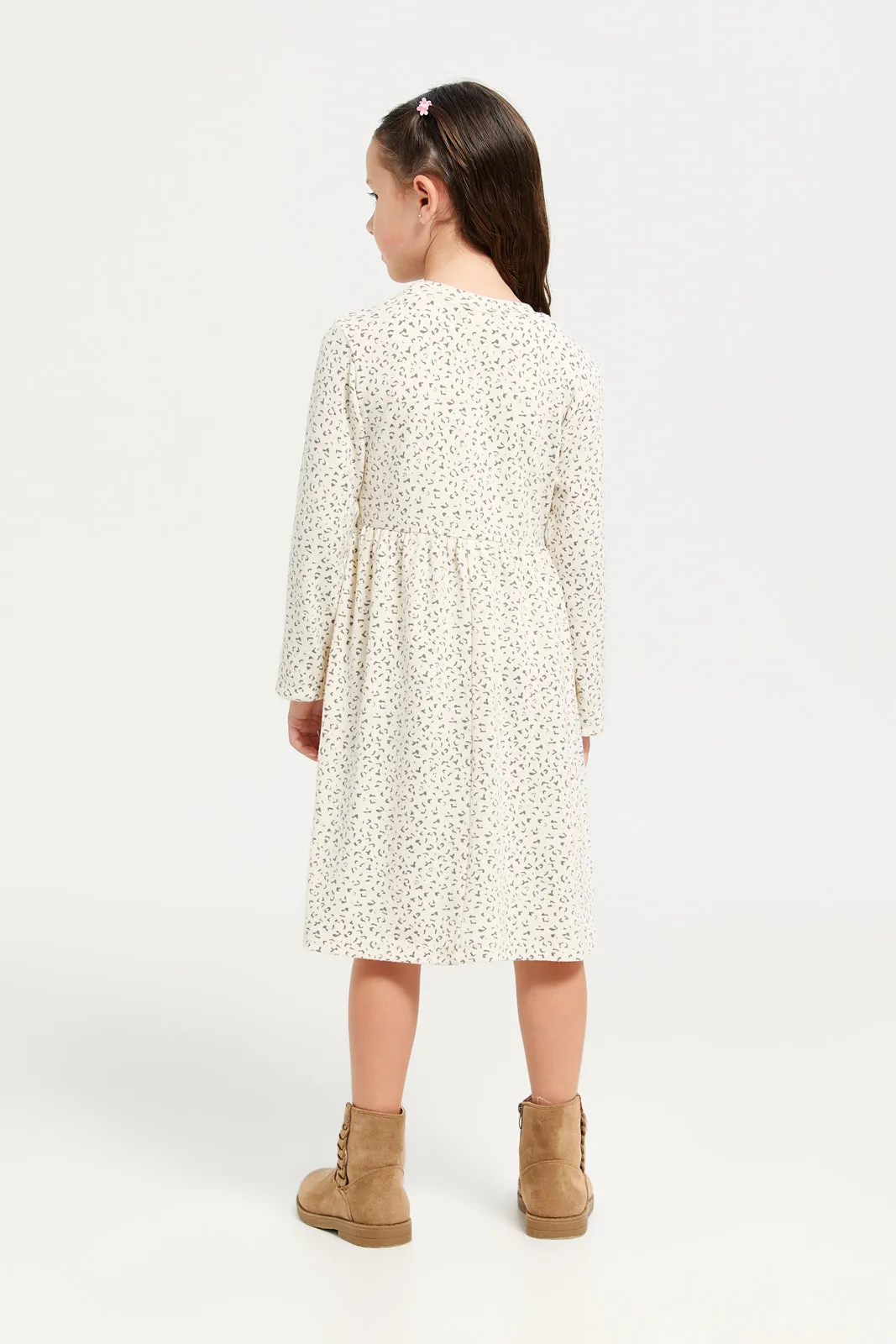 Girls Beige Printed Dress