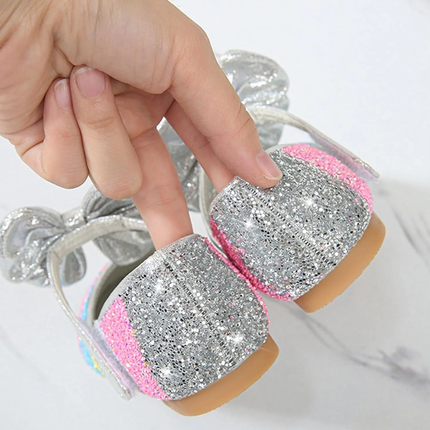 Girls Dress Shoes Glitter Wedding Prom Mary Jane Sparkly Ballet Flats for Kids Bow Princess Shoes for Dress-Up Party