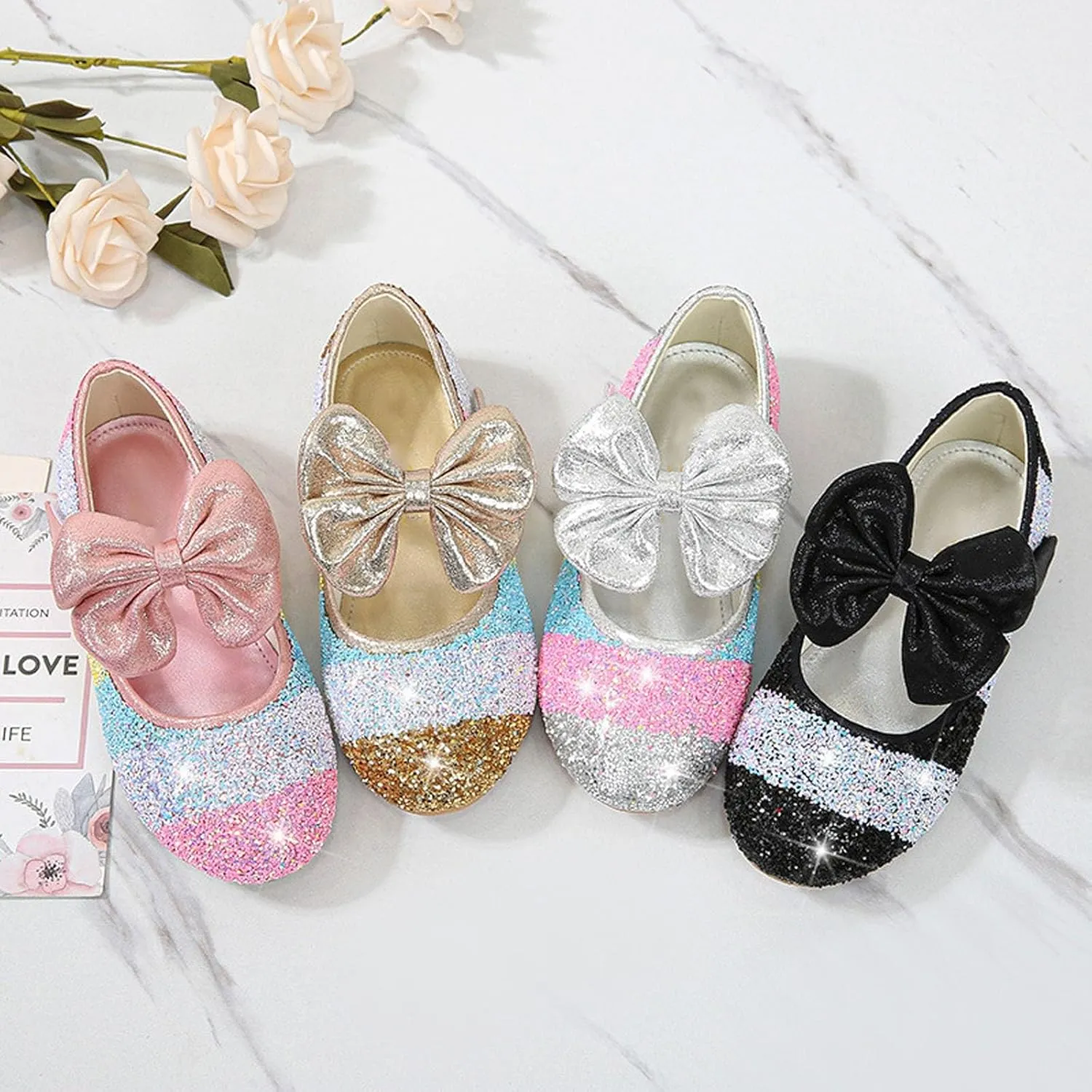 Girls Dress Shoes Glitter Wedding Prom Mary Jane Sparkly Ballet Flats for Kids Bow Princess Shoes for Dress-Up Party