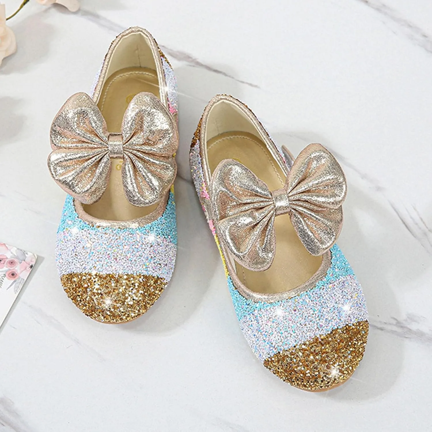 Girls Dress Shoes Glitter Wedding Prom Mary Jane Sparkly Ballet Flats for Kids Bow Princess Shoes for Dress-Up Party