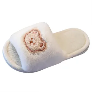 Girls Fluffy Slippers Kids Cute Fuzzy Slippers Open Toe Warm Faux Fur Slides Cartoon Indoor Outdoor Warm Shoes