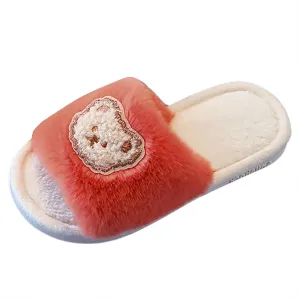 Girls Fluffy Slippers Kids Cute Fuzzy Slippers Open Toe Warm Faux Fur Slides Cartoon Indoor Outdoor Warm Shoes