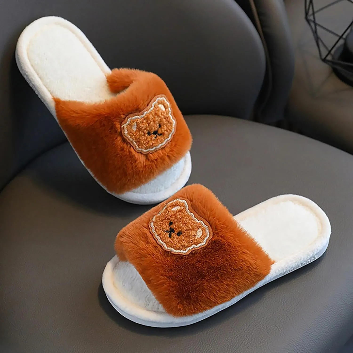 Girls Fluffy Slippers Kids Cute Fuzzy Slippers Open Toe Warm Faux Fur Slides Cartoon Indoor Outdoor Warm Shoes
