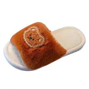 Girls Fluffy Slippers Kids Cute Fuzzy Slippers Open Toe Warm Faux Fur Slides Cartoon Indoor Outdoor Warm Shoes