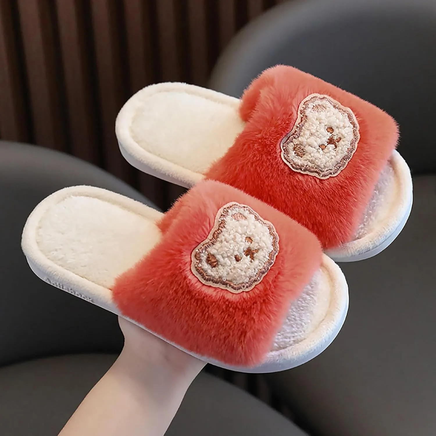 Girls Fluffy Slippers Kids Cute Fuzzy Slippers Open Toe Warm Faux Fur Slides Cartoon Indoor Outdoor Warm Shoes