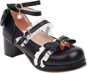 Girls Lolita Shoes Bow High Heels Mary Janes Shoes Dress Platform Strappy Kawaii Shoes Black Leather Pumps Shoes
