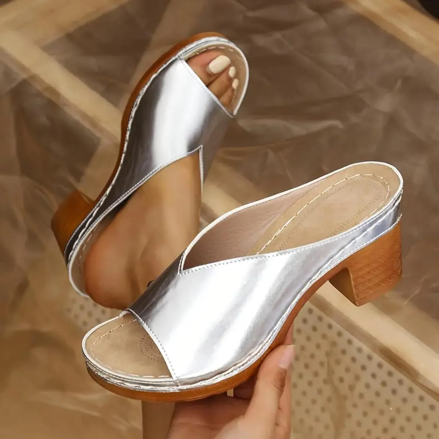 Heeled Sandals Women's Peep Toe Slip On Chunky Sparkly Mid High Sandal Ladies Comfy Non Slip Cushion Footbed Slide Summer Orthopedic Casual Backless Mules Shoes for Daily Wear