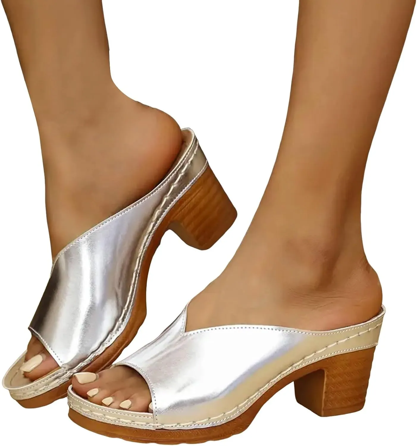 Heeled Sandals Women's Peep Toe Slip On Chunky Sparkly Mid High Sandal Ladies Comfy Non Slip Cushion Footbed Slide Summer Orthopedic Casual Backless Mules Shoes for Daily Wear