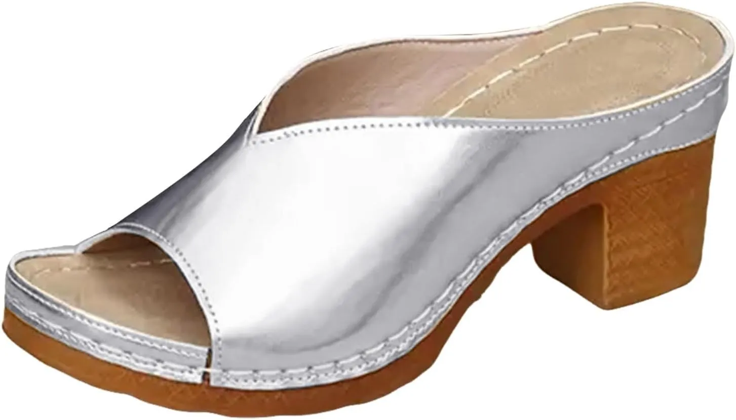 Heeled Sandals Women's Peep Toe Slip On Chunky Sparkly Mid High Sandal Ladies Comfy Non Slip Cushion Footbed Slide Summer Orthopedic Casual Backless Mules Shoes for Daily Wear