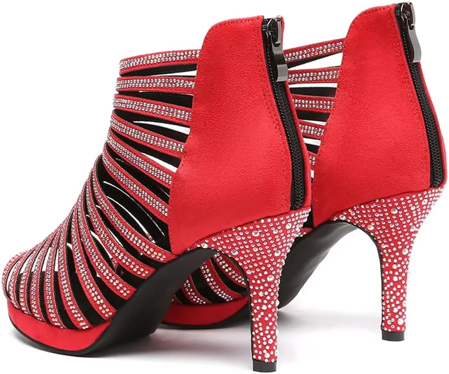 HIPPOSEUS Women's Platform Heel Dance Boots Peep Toe Latin Salsa Ballroom Ankle Party Dress Dance Shoes,Model D32