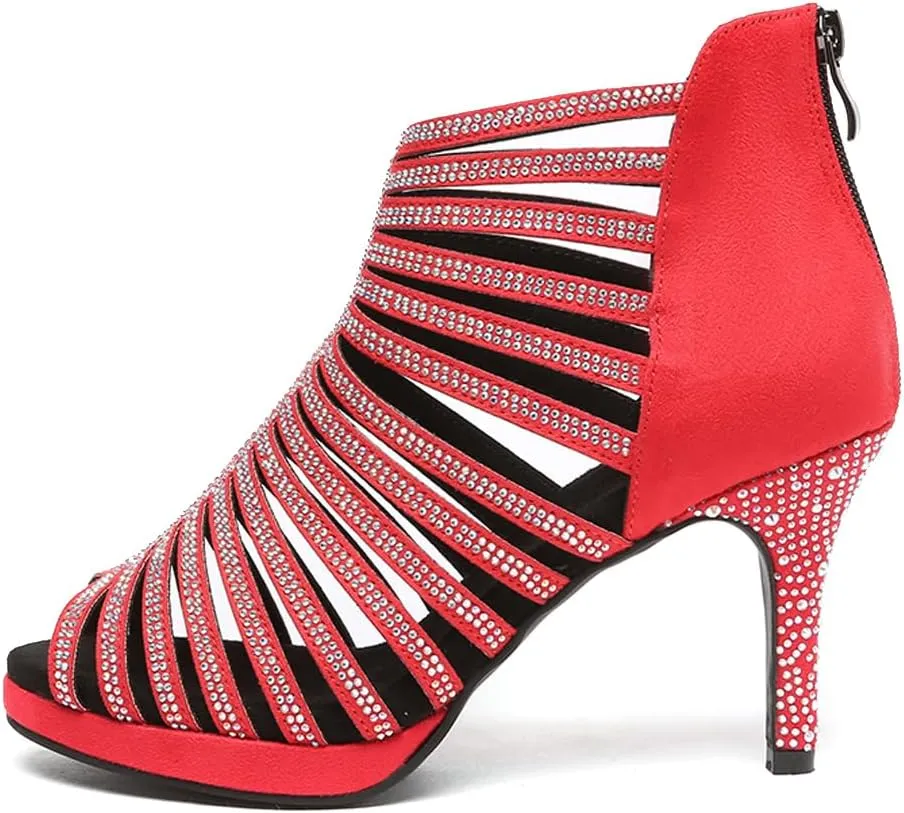 HIPPOSEUS Women's Platform Heel Dance Boots Peep Toe Latin Salsa Ballroom Ankle Party Dress Dance Shoes,Model D32