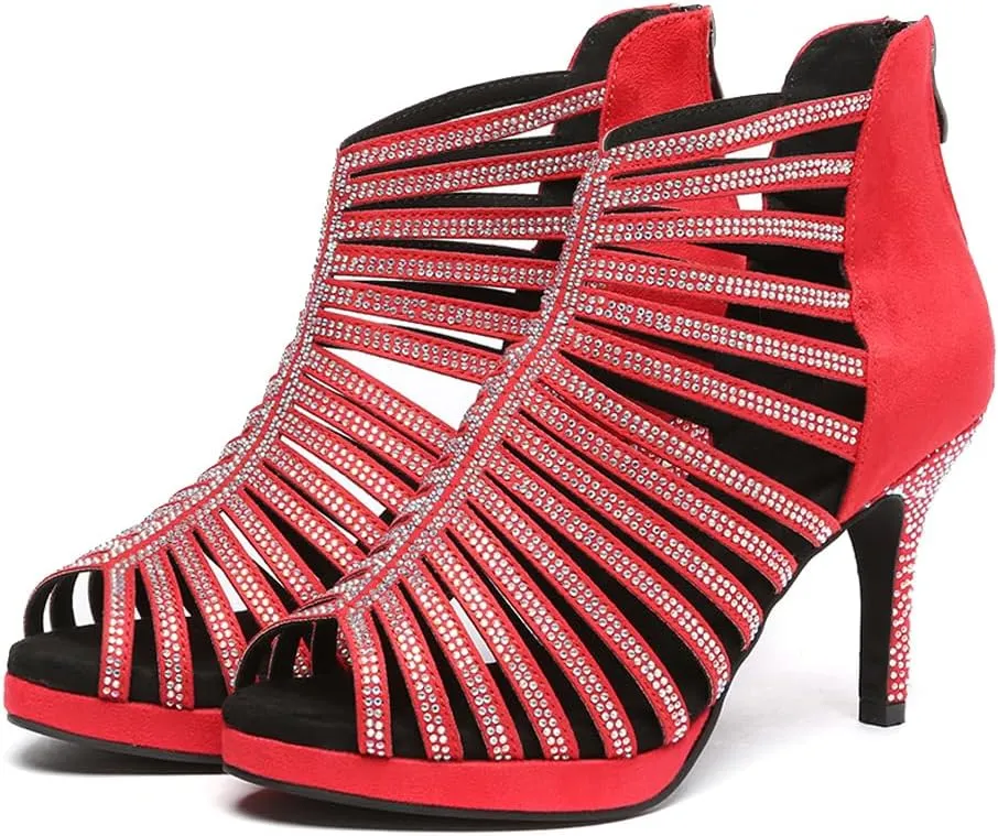 HIPPOSEUS Women's Platform Heel Dance Boots Peep Toe Latin Salsa Ballroom Ankle Party Dress Dance Shoes,Model D32