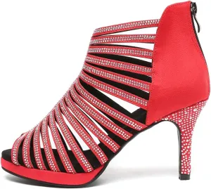 HIPPOSEUS Women's Platform Heel Dance Boots Peep Toe Latin Salsa Ballroom Ankle Party Dress Dance Shoes,Model D32