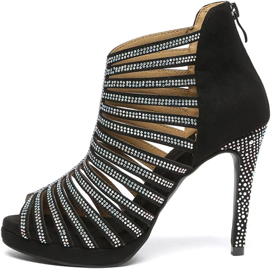 HIPPOSEUS Women's Platform Heel Dance Boots Peep Toe Latin Salsa Ballroom Ankle Party Dress Dance Shoes,Model D32