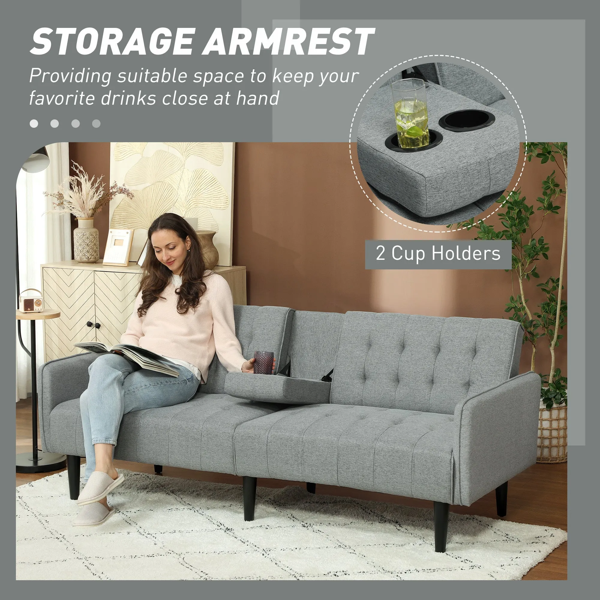 HOMCOM Upholstered Click Clack Sofa Bed, Linen-Feel 3 Seater Sofa Bed with Storage and Cupholders, Light Grey