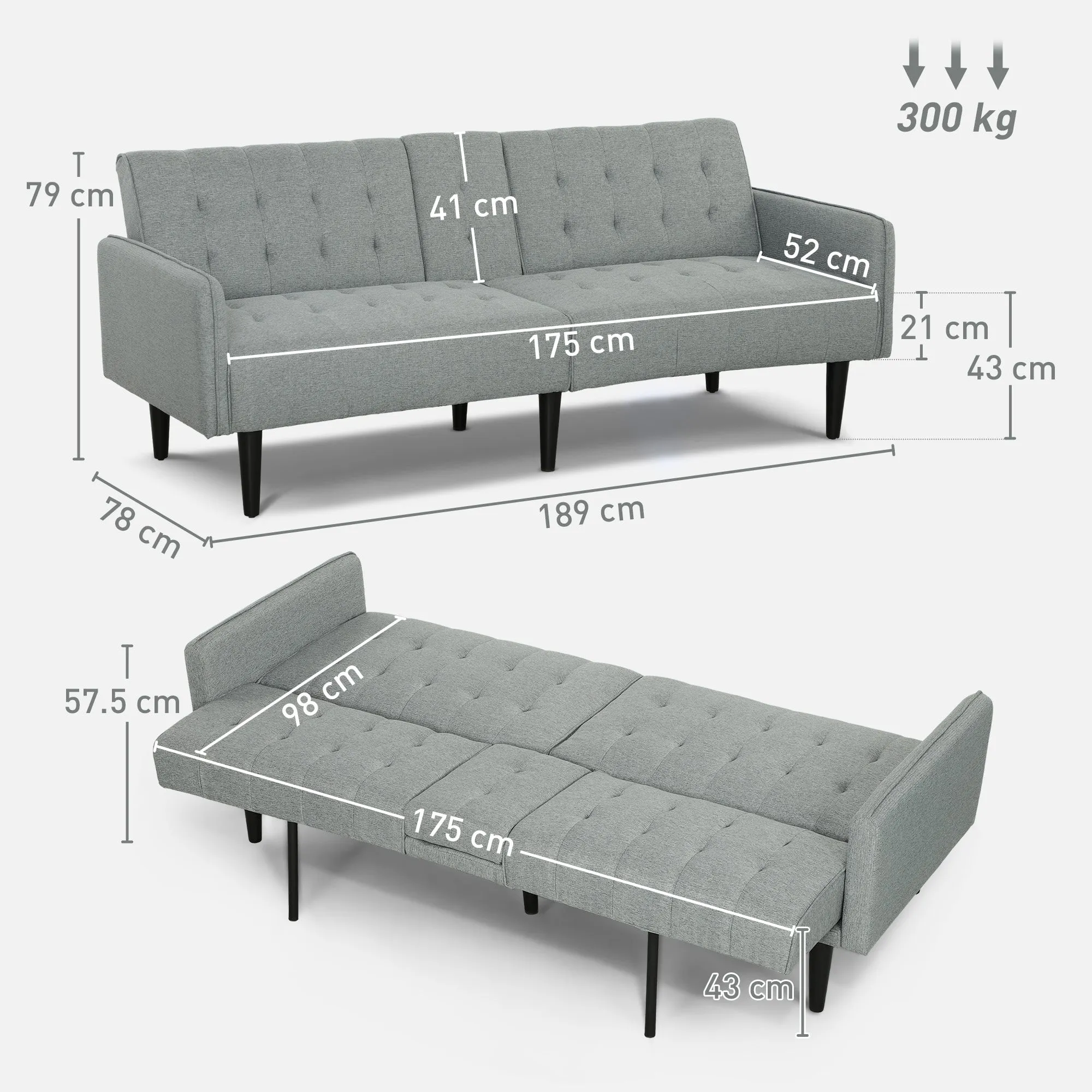 HOMCOM Upholstered Click Clack Sofa Bed, Linen-Feel 3 Seater Sofa Bed with Storage and Cupholders, Light Grey