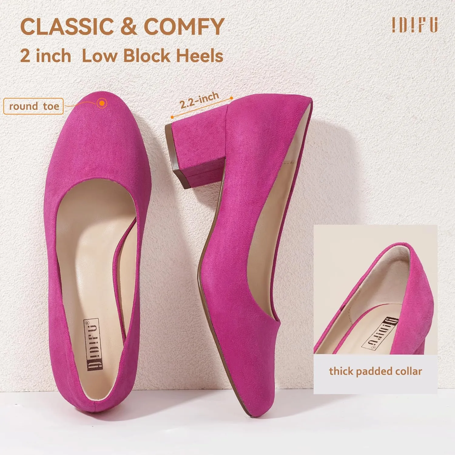 IDIFU IN2 Women's Pumps Low Chunky Block Closed Toe Heels Comfortable Short Dress Shoes for Women Ladies Flight Attendant Wedding Bridal Homecoming Work Heels Dressy Formal Round Toe Pumps Shoes