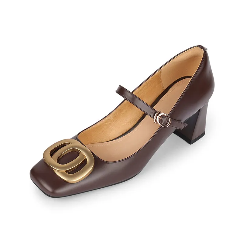 Inara Square Toe Mary Jane Chunky Heels Brown
