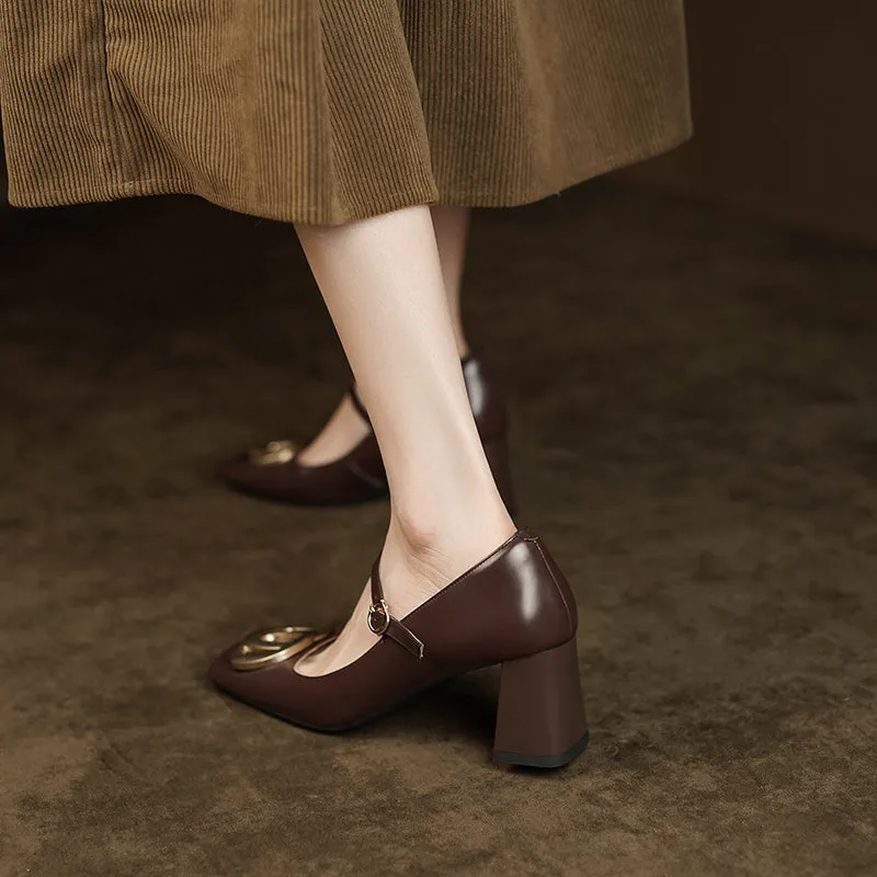 Inara Square Toe Mary Jane Chunky Heels Brown