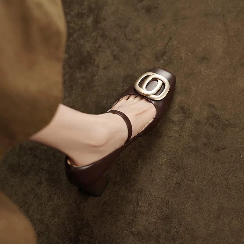 Inara Square Toe Mary Jane Chunky Heels Brown