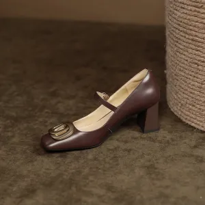 Inara Square Toe Mary Jane Chunky Heels Brown