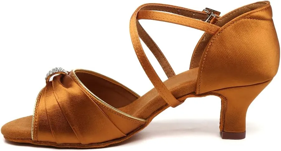 JUODVMP Latin Ballroom Dance Shoes Women Professional Dancing Heels Practice Heels 2inch,Model3037,Brown 5US