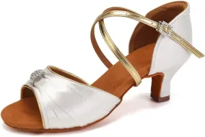JUODVMP Latin Ballroom Dance Shoes Women Professional Dancing Heels Practice Heels 2inch,Model3037,White 5US