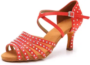 JUODVMPLatin Dance Practice Shoes Women's Satin Heels Latin with Rhinestone Dance Shoes Heels,Model D611