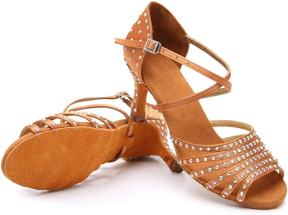 JUODVMPLatin Dance Practice Shoes Women's Satin Heels Latin with Rhinestone Dance Shoes Heels,Model D611