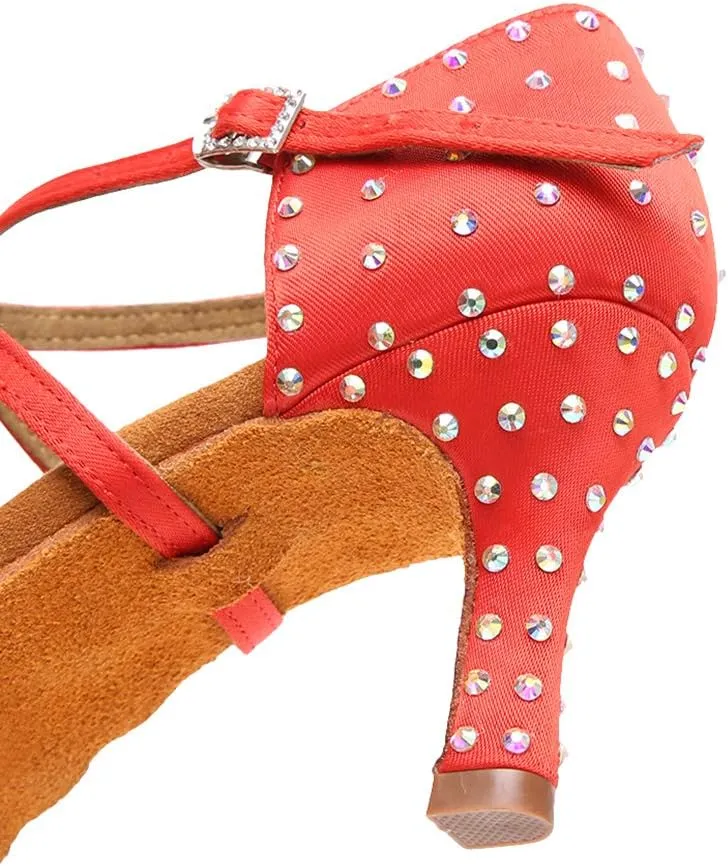 JUODVMPLatin Dance Practice Shoes Women's Satin Heels Latin with Rhinestone Dance Shoes Heels,Model D611